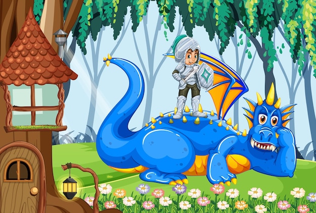 Dragon et chevalier sur fond de forêt enchantée