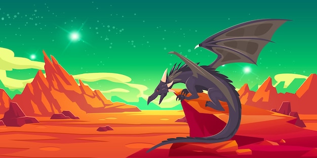 Vecteur gratuit dragon noir de conte de fées sur la falaise dans les montagnes. illustration de fantaisie de dessin animé de vecteur de bête magique effrayante avec des ailes et paysage désertique rouge avec des rochers la nuit