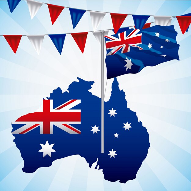 Drapeau australien agité sur bleu, avec illustration de la carte