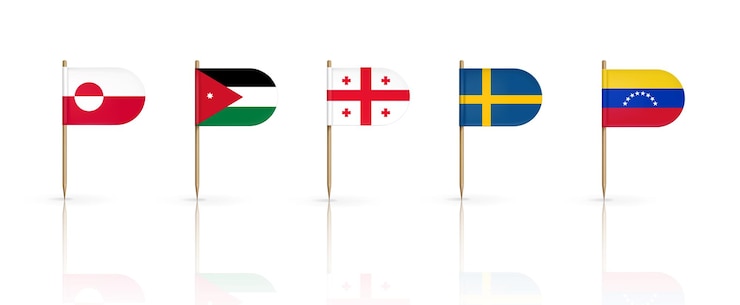 Vecteur gratuit drapeaux cure-dents du groenland, de la jordanie, de la géorgie, de la suède et du venezuela