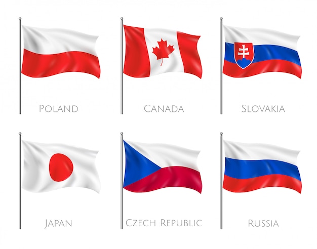 Vecteur gratuit drapeaux officiels sertis de drapeaux de la pologne et du canada réalistes isolés