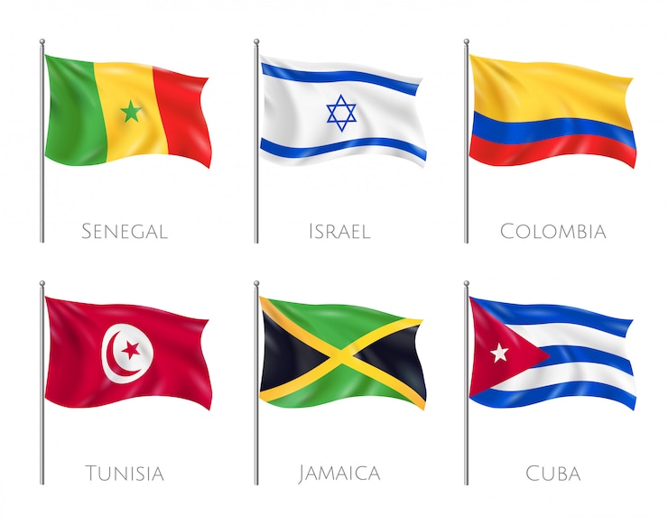 Vecteur gratuit drapeaux de pays sertis de drapeaux du sénégal et de cuba réalistes isolés