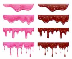 Vecteur gratuit dripping glaçage beignet collection réaliste avec des images isolées de stries de confiture violettes et rouges sur blanc