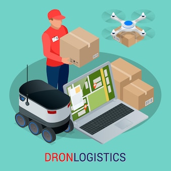 Drone isométrique livraison rapide de marchandises dans la ville. concept d'innovation d'expédition technologique. logistique autonome.