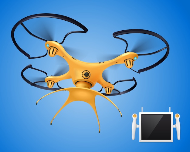Drone jaune avec objet électronique de composition réaliste de télécommande pour différents besoins blogger company gouvernement ou joueurs