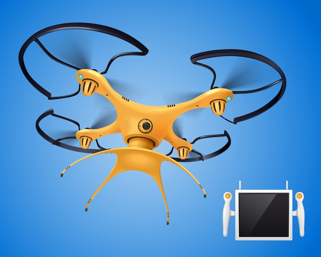 Vecteur gratuit drone jaune avec objet électronique de composition réaliste de télécommande pour différents besoins blogger company gouvernement ou joueurs