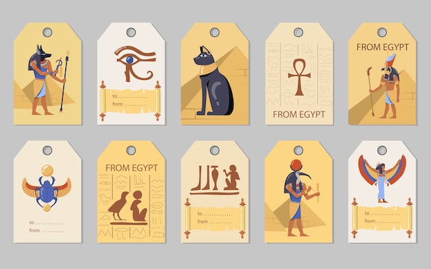 Vecteur gratuit du jeu de balises egypte. pyramides égyptiennes, chats, dieux, illustrations vectorielles de scarabées avec espace pour le texte. modèles pour cartes de voeux, cartes postales, étiquettes