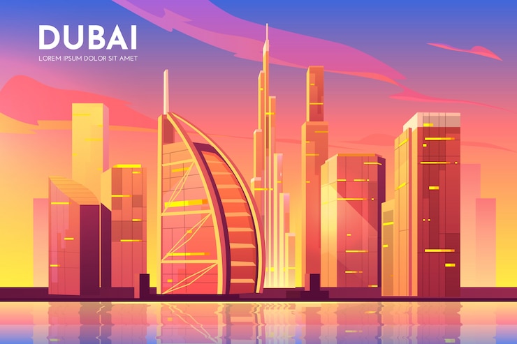 Vecteur gratuit dubaï, ville des emirats arabes unis. paysage urbain des émirats arabes unis