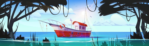 Vecteur gratuit eau d'étang de jungle de dessin animé avec vecteur de bateau de pêche