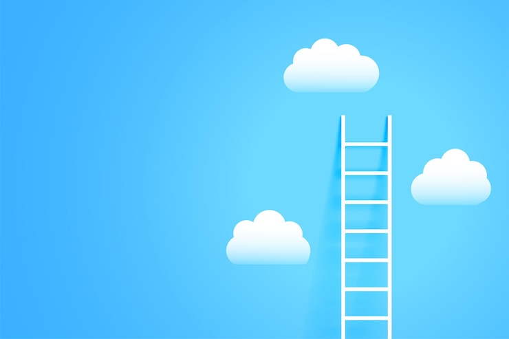 Vecteur gratuit échelle propre grimper jusqu'au ciel avec des nuages conception concept de progrès