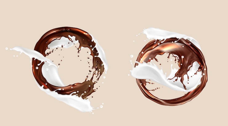 Vecteur gratuit éclaboussures de café et de lait, mélange de chocolat et de produits laitiers, jets tourbillonnants ronds. les liquides bruns blancs tourbillonnent avec des gouttelettes éclaboussantes, des cadres, des éléments dynamiques