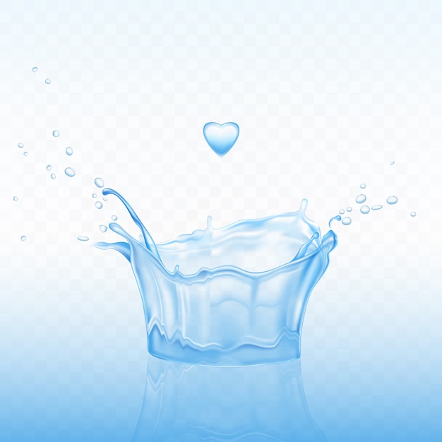 Vecteur gratuit les éclaboussures d'eau en forme de couronne avec des gouttelettes de pulvérisation et le coeur déposer sur fond bleu transparent.