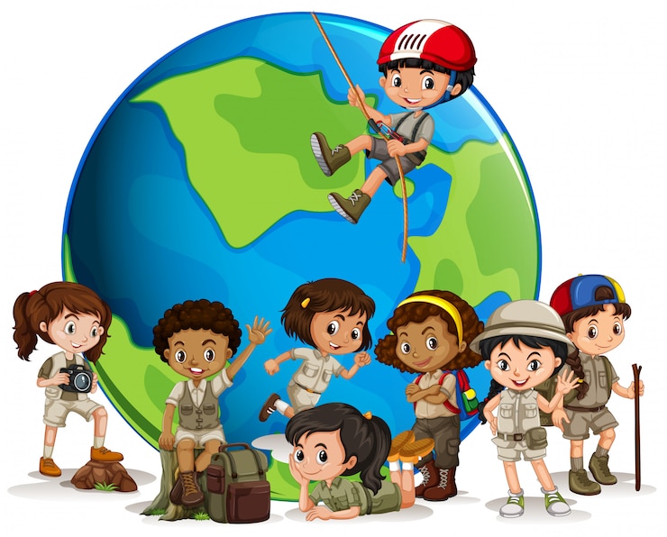 Vecteur gratuit eclaireur multiculturel avec globe