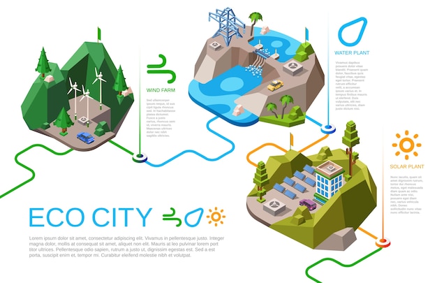 Eco City Illustration Sources D'énergie Naturelle Isométrique Pour La Vie Urbaine.