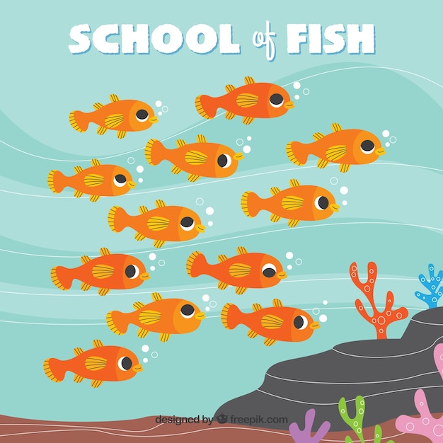 Vecteur gratuit École de fond de poissons avec la mer profonde dans le style plat