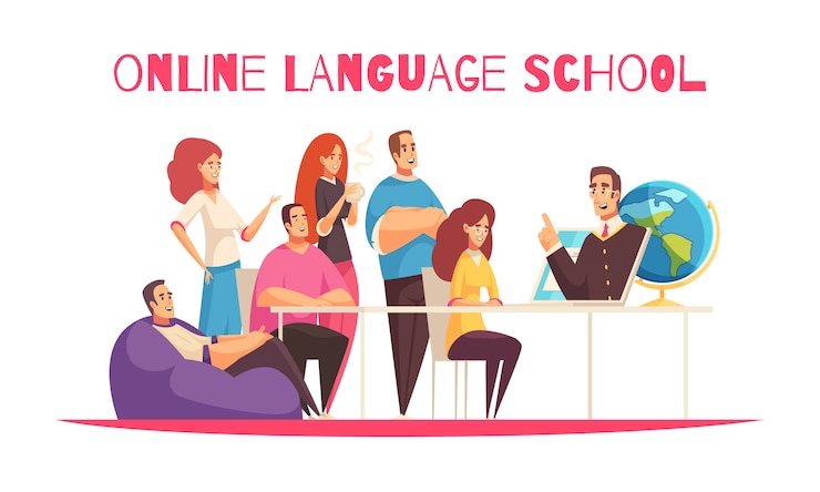 Vecteur gratuit école de langue en ligne composition horizontale de dessin animé plat avec des membres de la communauté mondiale formant un enseignant tablette fond blanc