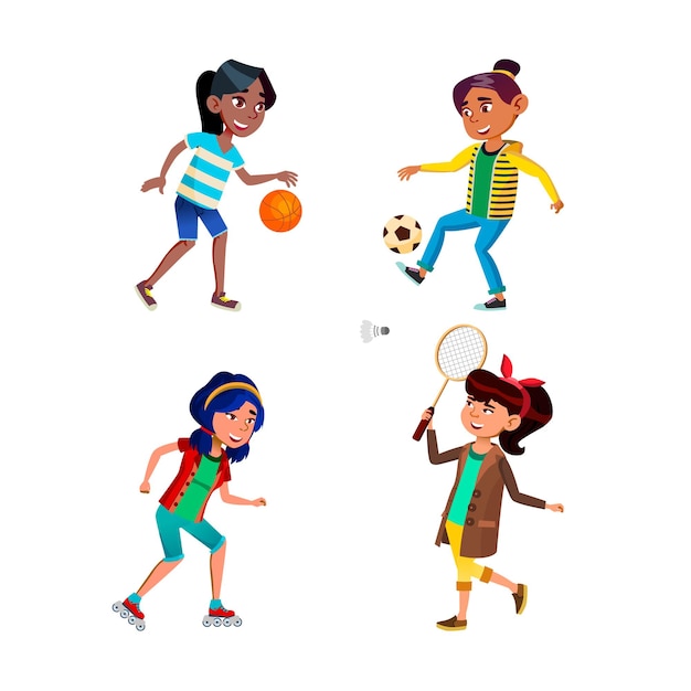 Vecteur gratuit les écolières jouant au jeu de sport ensemble actif. les écolières jouent au basket-ball et au football, font du roller et jouent au badminton.