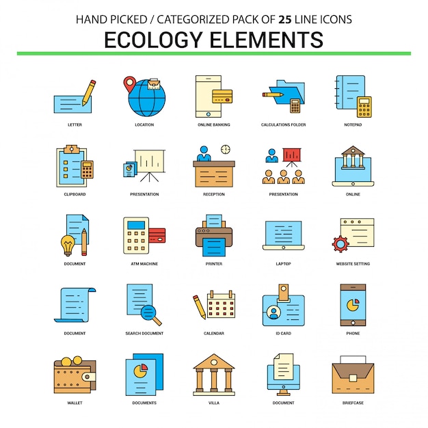 Écologie éléments Ligne Plate Icon Set