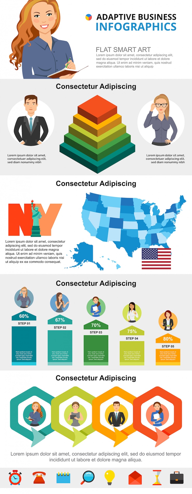 Vecteur gratuit économie des états-unis et ensemble de cartes infographiques