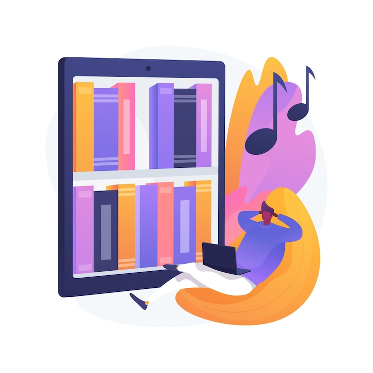 Vecteur gratuit écoutez l'illustration de concept abstrait de livres audio. application en ligne de livres audio, abonnement au site web, achat de livres électroniques, bibliothèque électronique