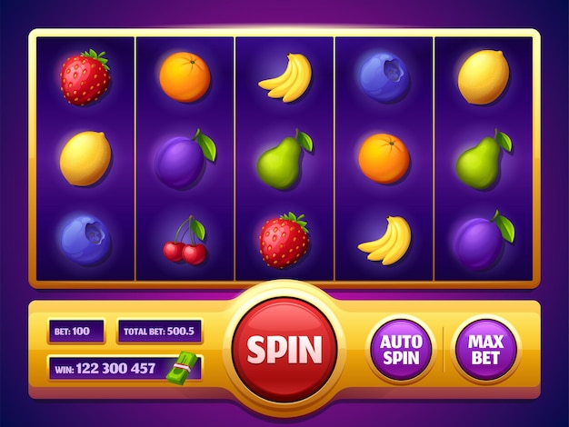 Vecteur gratuit Écran de jeu de machine à sous avec casino en ligne de fruits