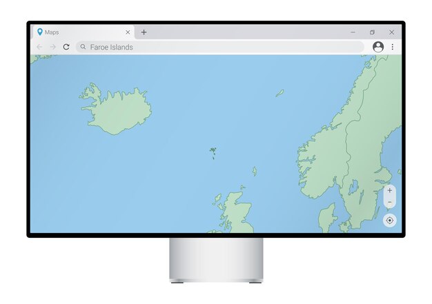 Écran d'ordinateur avec carte des îles féroé dans le navigateur, recherchez le pays des îles féroé sur le programme de cartographie web.