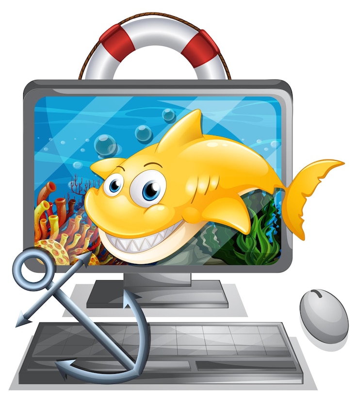 Vecteur gratuit écran d'ordinateur avec requin jaune