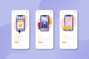 Vecteur gratuit Écrans de l'application d'intégration pour les achats en ligne