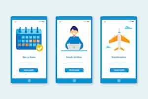 Vecteur gratuit Écrans de l'application d'intégration pour l'ensemble de services de voyage