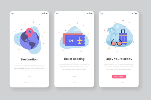 Écrans de l'application d'intégration avec les voyages