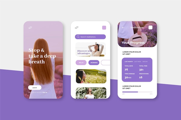 Vecteur gratuit Écrans de l'application de méditation