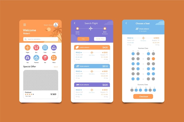 Vecteur gratuit Écrans de l'application de réservation de voyage