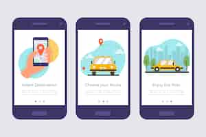 Vecteur gratuit Écrans de l'application de service de taxi à bord