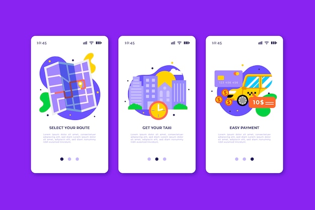 Vecteur gratuit Écrans de l'application de service de taxi à bord