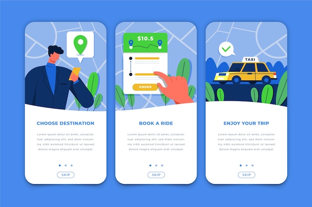 Vecteur gratuit Écrans de l'application de service de taxi à bord
