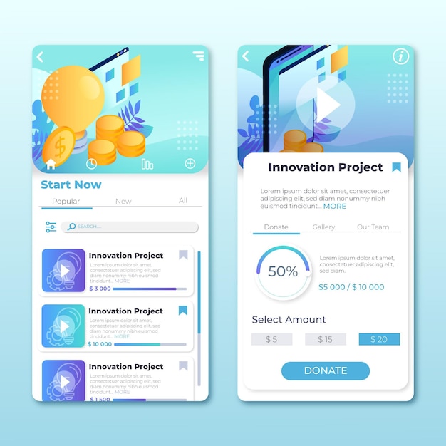 Vecteur gratuit Écrans d'applications de crowdfunding