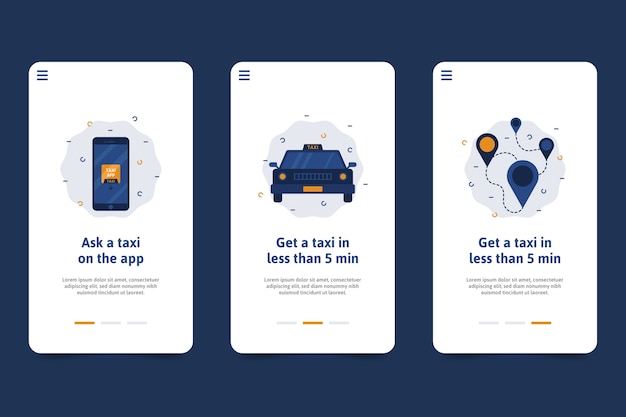 Vecteur gratuit Écrans des applications d'intégration des services de taxi