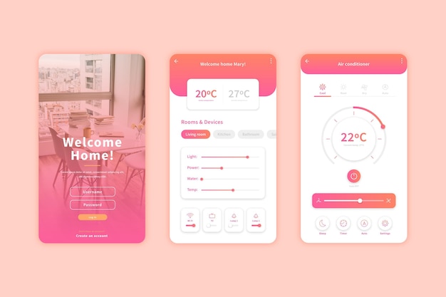 Vecteur gratuit Écrans d'applications pour la maison intelligente