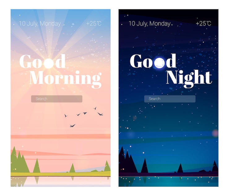 Vecteur gratuit écrans de bord de téléphone portable bonne nuit et bonjour pages