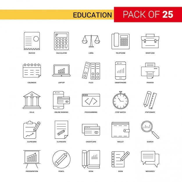 Vecteur gratuit education black line icon - jeu d'icônes de contour 25 affaires