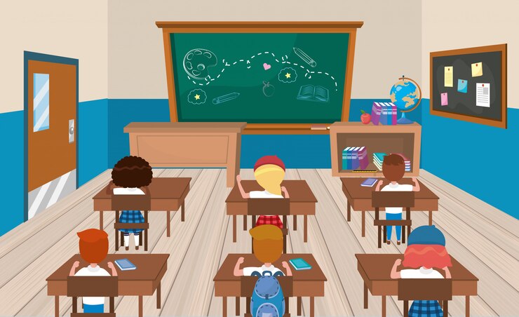 Vecteur gratuit education claroom avec des filles et des garçons avec des livres