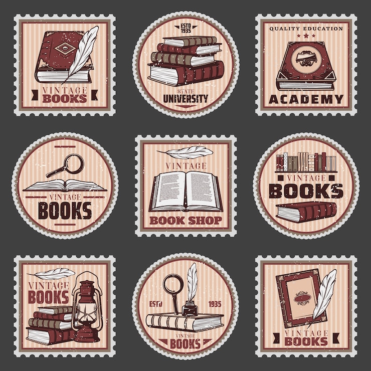 Vecteur gratuit éducation colorée et timbres de librairie sertis de différents livres loupe plume encrier lanterne dans un style vintage isolé