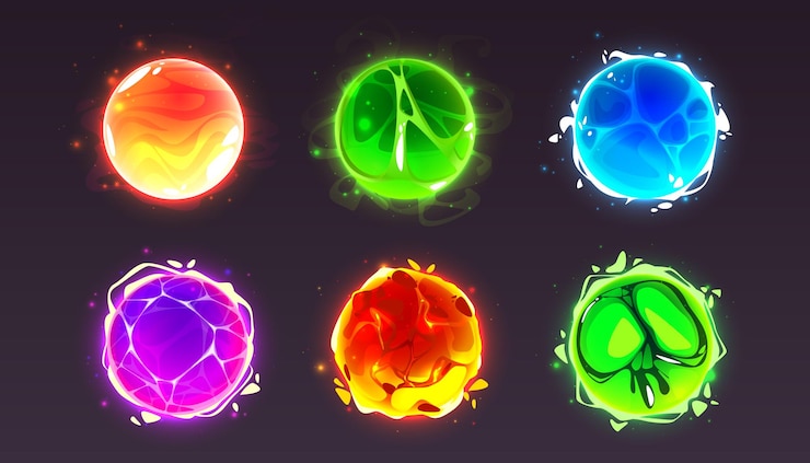 Vecteur gratuit effet d'énergie magique boule orbe de cristal icône de puissance cercle lumière lueur sphère fantastique boule de feu de lave foudre de sorcière élément électrique boule abstraite de fortune verte avec plasma pour sort toxique ensemble 2d ui
