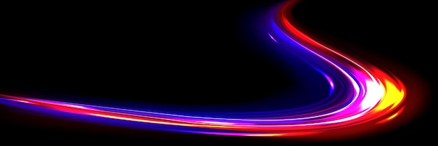 Vecteur gratuit effet de mouvement de la vitesse de la lumière de la voiture stries floues du trafic routier à mouvement rapide avec une longue exposition la nuit lignes abstraites de néon bleu et rouge isolées sur fond noir illustration vectorielle réaliste
