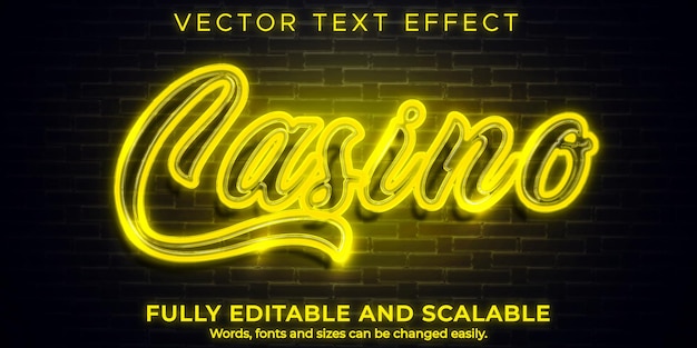 Vecteur gratuit effet de texte de casino au néon, lueur modifiable et style de texte lumineux