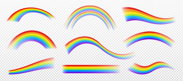 Effets arc-en-ciel isolés sur fond transparent. Ensemble vectoriel de lignes colorées ondulées, droites et en forme d'arc. Illustration fantastique de l'effet de lumière spectrale dans le ciel après la pluie