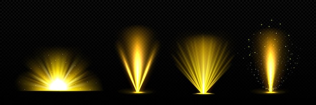 Vecteur gratuit effets de lumière des rayons lumineux brillants rayons de soleil effet d'éclatement abstrait avec des reflets dorés brillants et des étincelles rayons d'étoiles de lumière jaune magique ou explosent un ensemble réaliste de vecteur flash