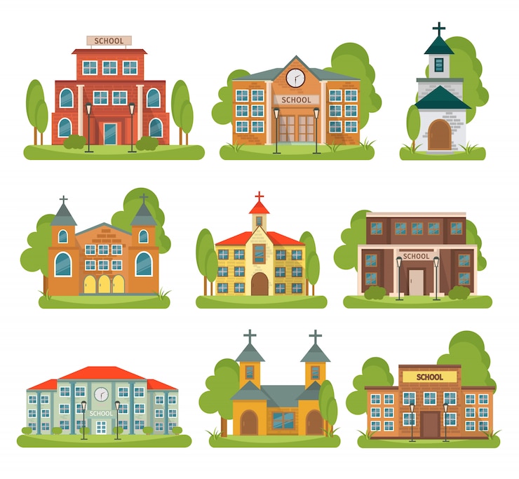 Vecteur gratuit église de l'école de construction isolée et colorée sertie de différents types et objectifs pour les bâtiments