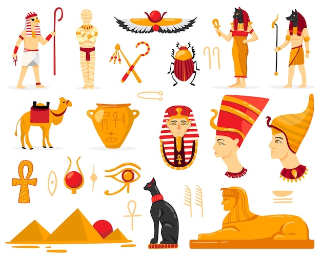 Vecteur gratuit egypte sertie d'images isolées d'anciennes antiquités égyptiennes personnages d'adorateurs écriture authentique et symboles illustration vectorielle