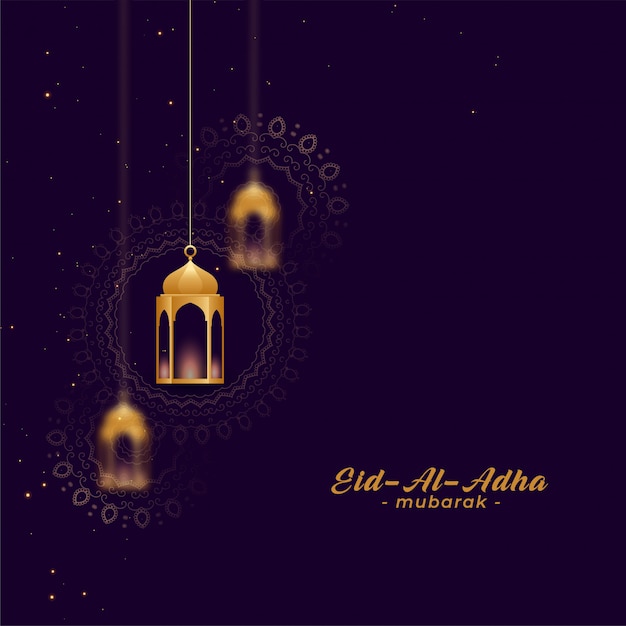 Vecteur gratuit eid al asha salutations avec lampes d'or